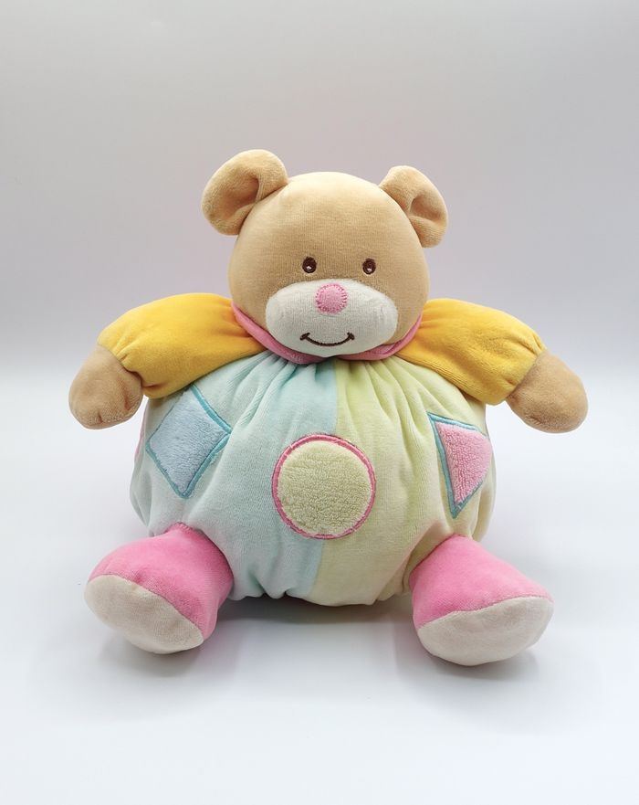 Peluche doudou boule ours jaune rose bleu MGM Dodo d’amour formes rond carré triangle grelot 24 cm