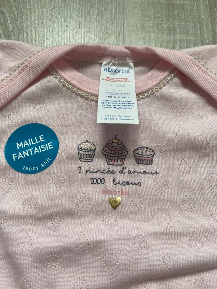 Lot 2 body bodies fille absorba 1 an 74 cm manche longue - photo numéro 2