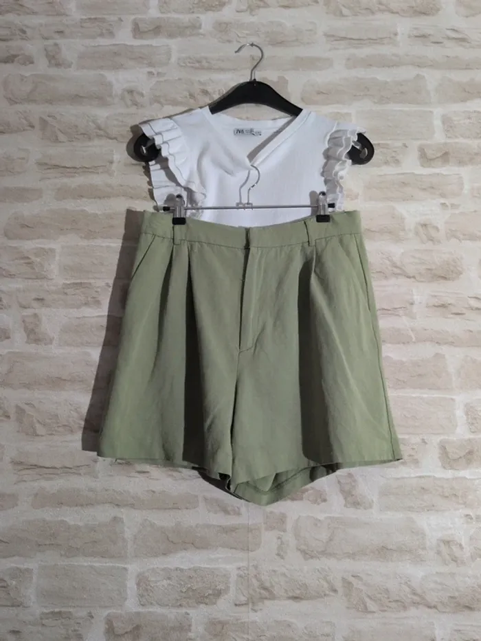 Ensemble Zara – Top blanc & short vert – Taille M