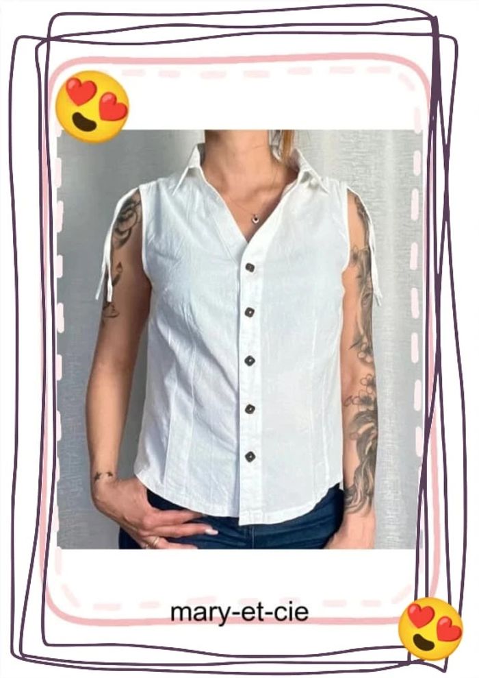 SOLDÉ - Blouse manches courtes  Manches lacées - taille 3 - 100 % coton - blanc du Nil - photo numéro 3