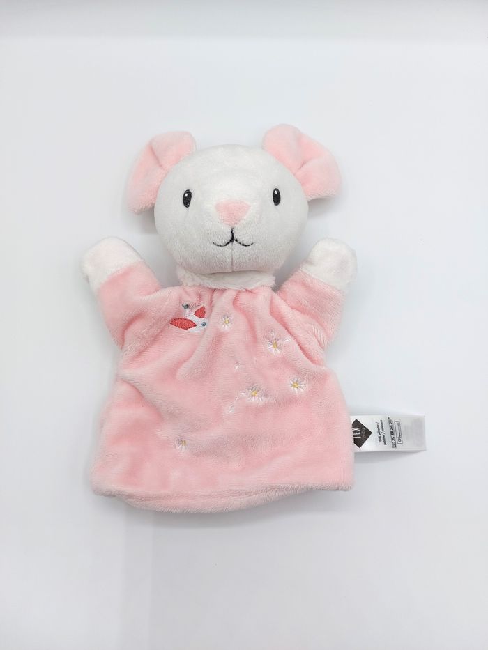 Peluche doudou marionnette souris rose blanc TEX Baby oiseau fleur comme neuf