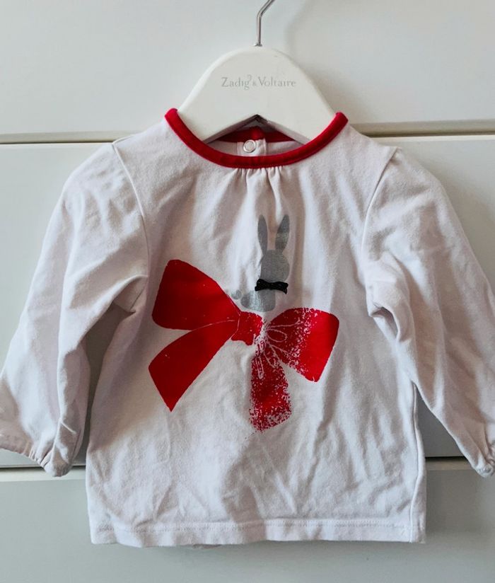 T-shirt manches longues bébé fille blanc et rouge petit lapin ne noël pull 6 mois