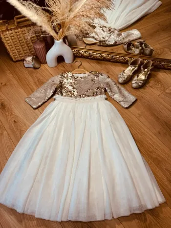 Taille 3-4 ans robe longue créateur fille TAO blanche doré * sequins réversibles tulle * 💞