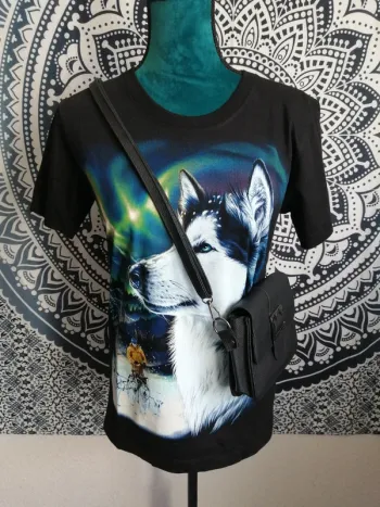 Tee-shirt noir mixte imprimé loup aurores boréales devant et dos / rock eagle / (34-36)