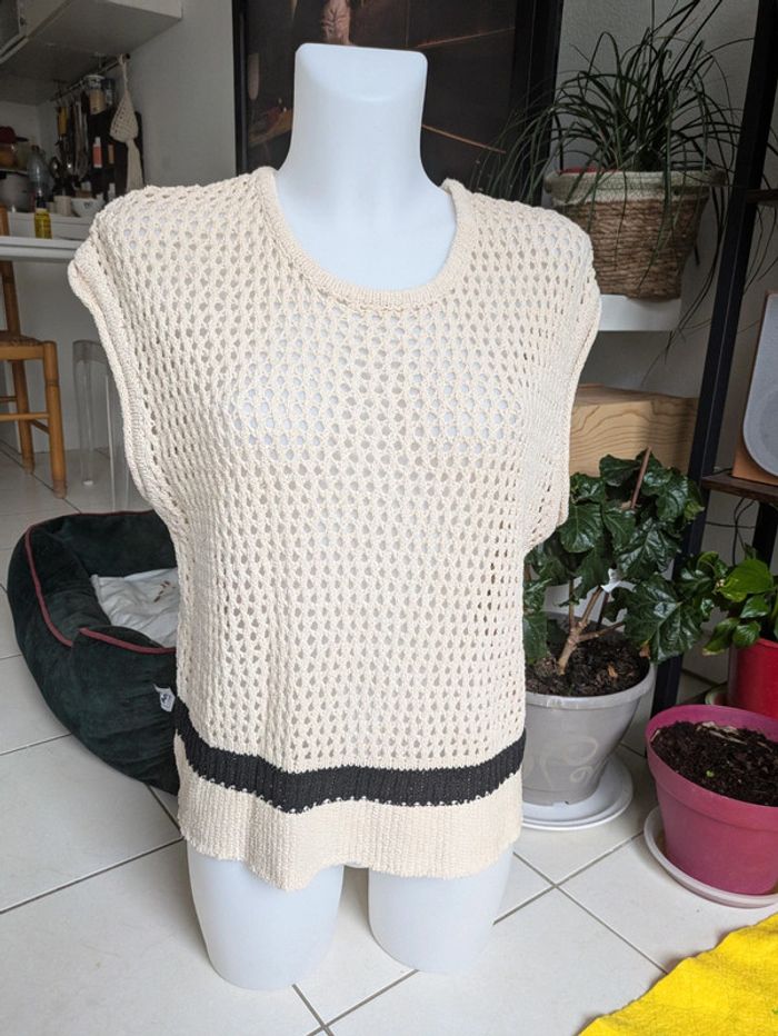 Pull ajouré sans manche beige Monoprix L