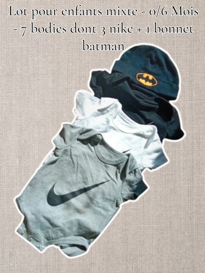 Lot pour enfants mixte - 0/6 Mois - 7 bodies dont 3 nike + 1 bonnet batman - photo numéro 2