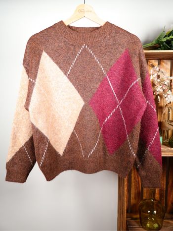 Pull avec Laine In April 1986 et Motifs Jacquard Argyle | Marron et Bordeaux | Taille Unique