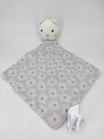 Doudou Plat chat blanc gris fleur Obaïbi