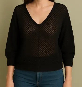Pull noir ajouré Camaïeu col V – léger et élégant