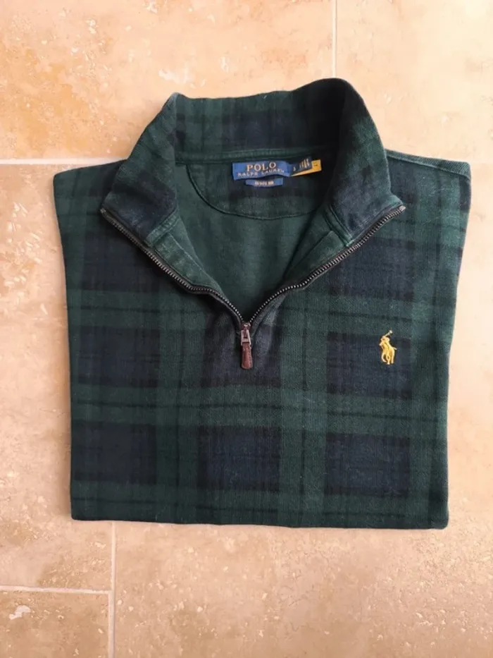 Pull quart Zip homme écossais L Ralph Lauren vert motif carreaux logo jaune excellent état