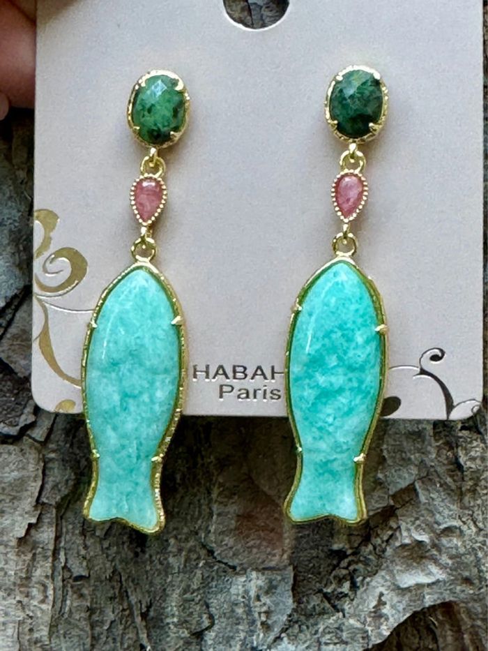 Sublime boucles d’oreilles  acier inoxydable le longues poisson jade vert et rose , amazonite - photo numéro 4