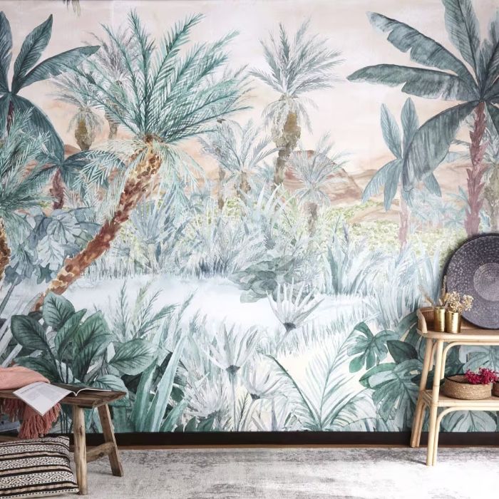 Papier peint panoramique intissé imprimé jungle verte, rose et marron 300x384