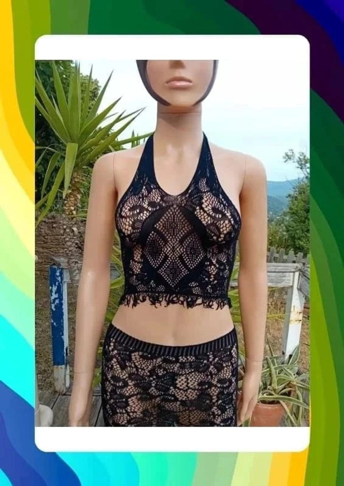 Ensemble haut +jupe de plage noir dentelle resille S - photo numéro 3