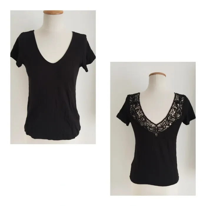 Joli tee-shirt manches courtes noir avec décolleté dorsale en dentelle Bonobo taille XS