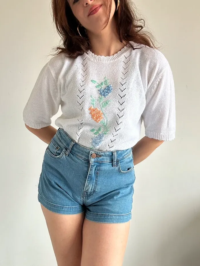 Pull blanc à manches courtes brodé taille M - photo numéro 7