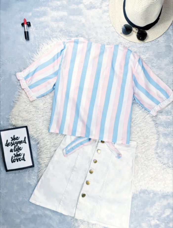 Chemisier crop top à nouer à la taille rayé couleurs pastel- T.S ou T.36 🖤 - photo numéro 3