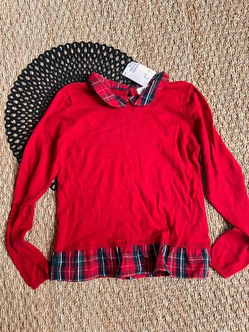 Pull carreaux rouge col
