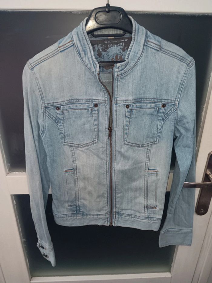 Veste en jean 14 ans bleu clair zippée style motard