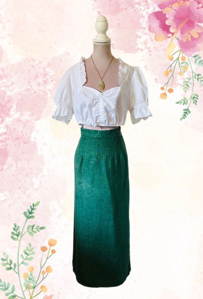 🦚Jupe longue en lin vert champêtre Cottagecore Countryside Charm Green Linen Skirt🦚 - photo numéro 4