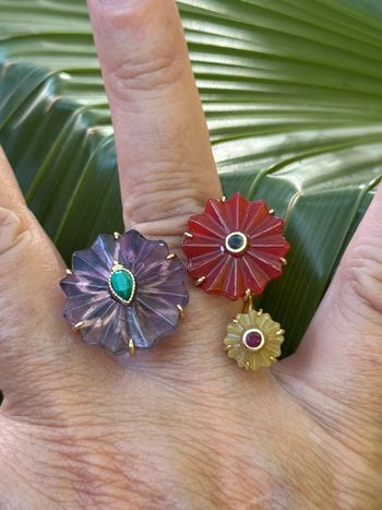 Sublime grande bague réglable habaha Paris fleurs pierres jaspe tournaline  améthyste