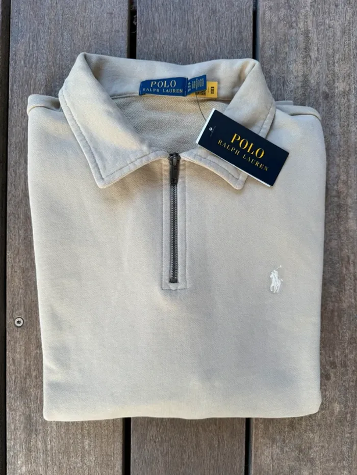 Sweat 1/4 Zip 100% coton - Ralph Lauren (NEUF) - Beige foncé Logo Brodé Blanc - Taille XL