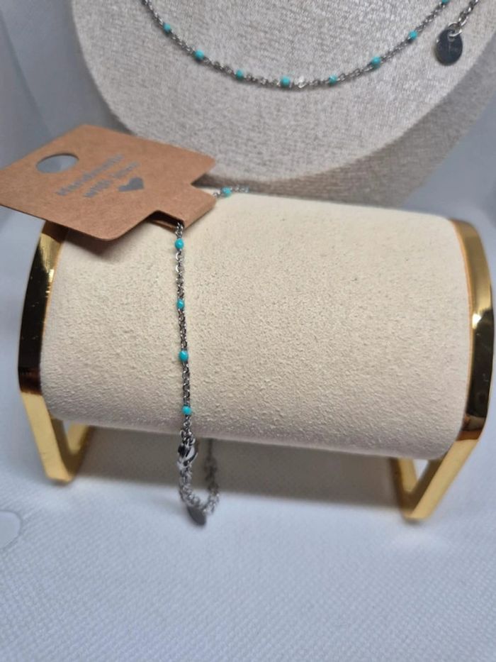 Parure argenté de 2 bijoux : 1 collier et 1 bracelet perles turquoise 🌸 Acier inoxydable - photo numéro 4