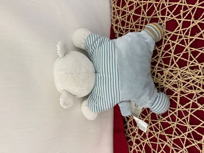 Doudou semi plat ours KIABI bleu blanc train brodé rayé - photo numéro 5