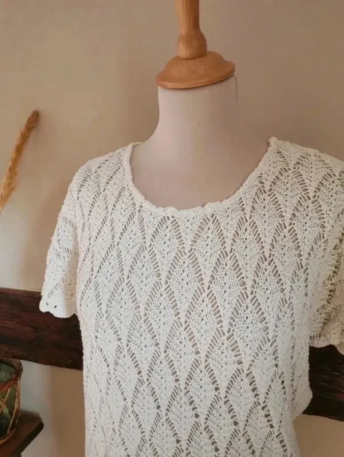 Top blanc maille ajourée coton acrylique - photo numéro 4