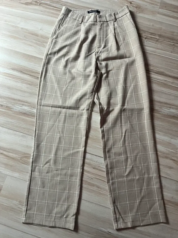 pantalon taille haute à carreaux femme blanc et beige crème