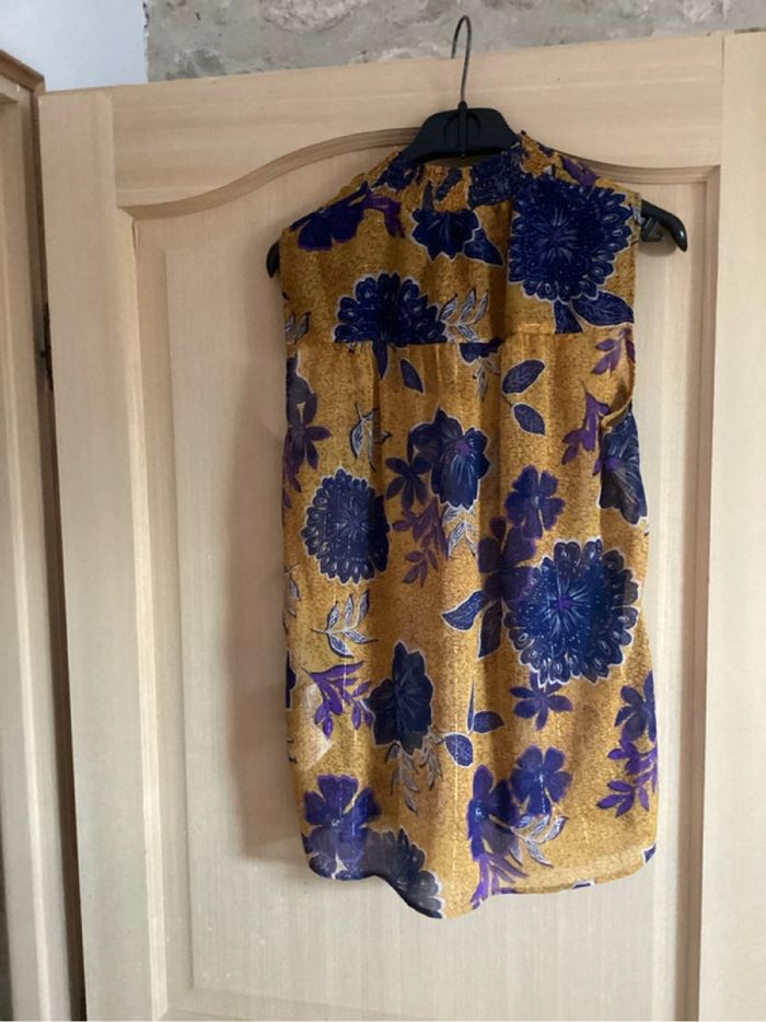 Blouse jaune moutarde avec motifs floraux bleus - Morgan t36 - photo numéro 3