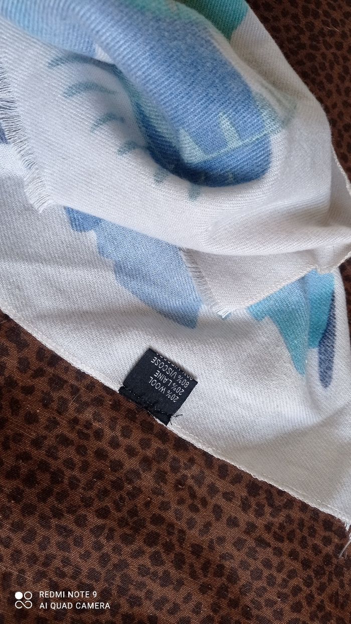 Grande étole crème imprimée bleu vert avec de la laine - photo numéro 3