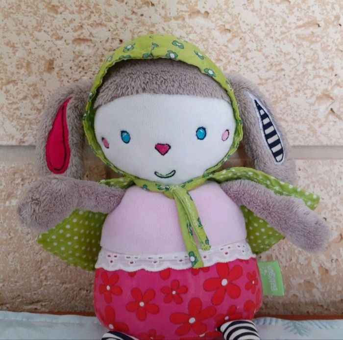 Poupée-chiffon "Lapin"avec grelot & son doudou Bonhomme de neige - photo numéro 4