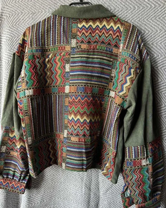 Veste Femme Vert Kaki Velours Côtelé Motifs Ethniques - Taille S Neuve Mi-Saison Bohème - photo numéro 3