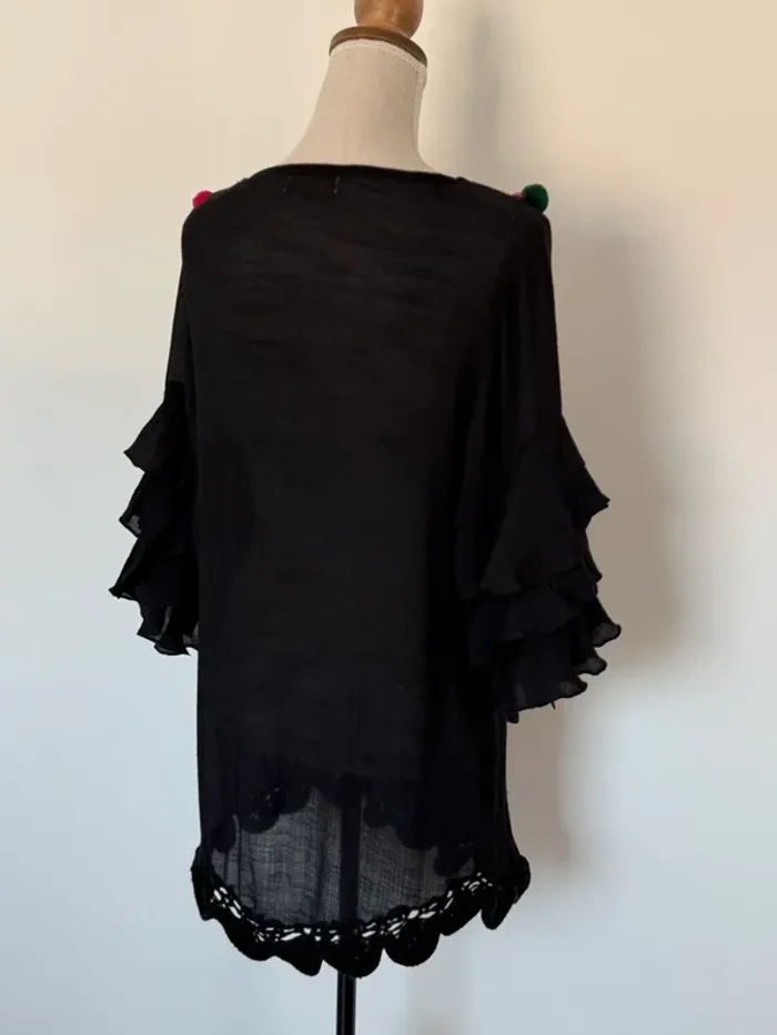 Haut manches noir femme volant plage tailleur M fluide ample L léger été pompons rose blouse t-shirt - photo numéro 6
