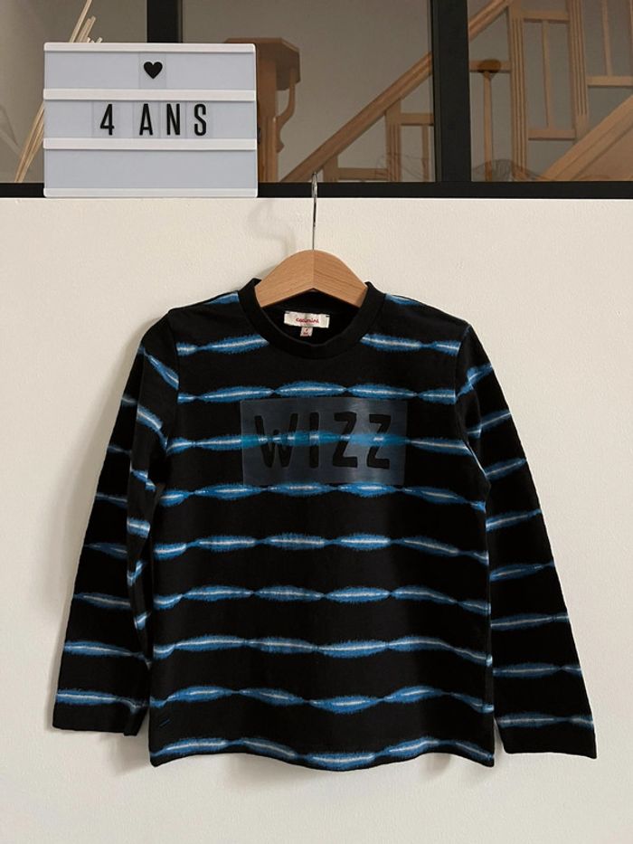 Teeshirt ML noir et rayures bleues, WIZZ - 4 Ans