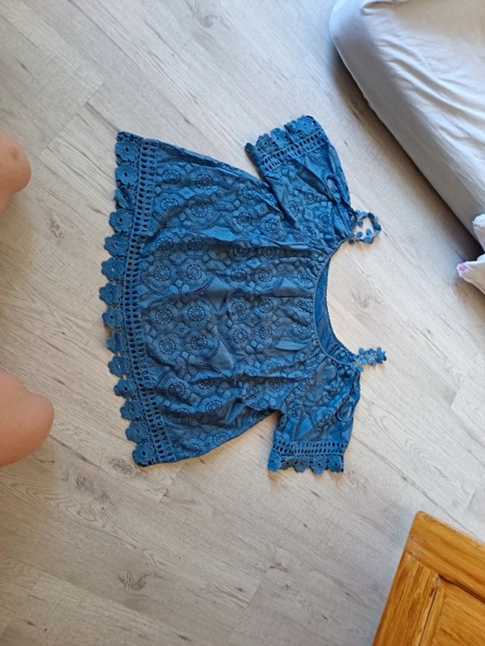 Haut épaule dénudé blouse fleur bleu 42 XL femme