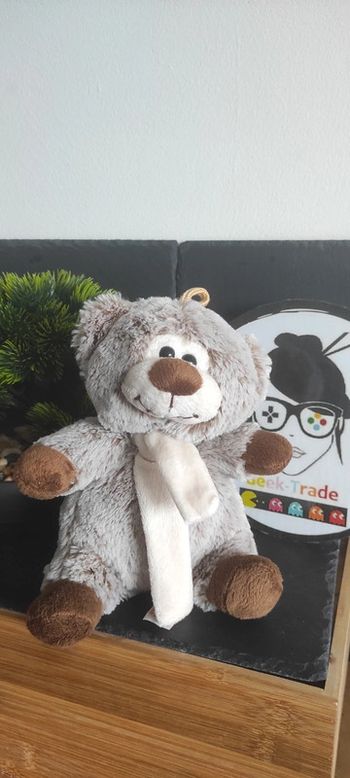 Ours en Peluche Rodadou 18 cm marron gris chiné écharpe blanc
