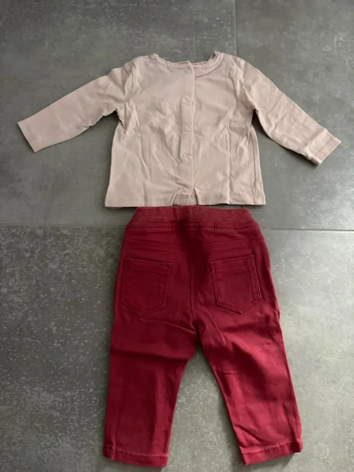 Ensemble rose/rouge tee shirt jean souple 6 mois - photo numéro 2