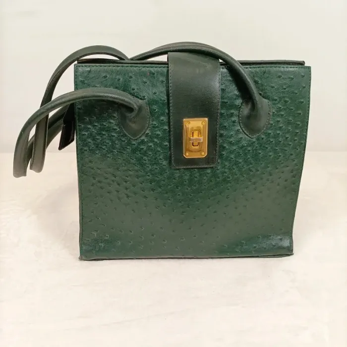 Sac effet cuir autruche vert foncé - fermeture dorée - Anses - style chic rétro S010