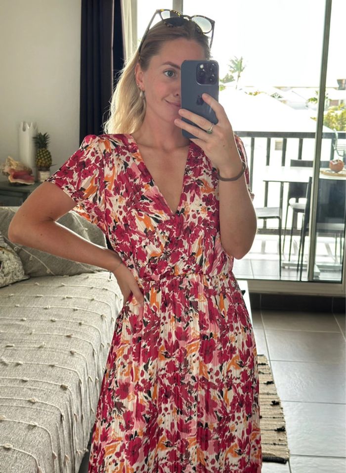 Belle robe longue à motifs fleuris colorés rose et orange – Taille S/M – Lilie Rose - photo numéro 3