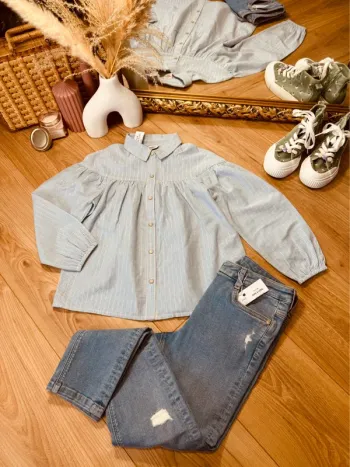 Taille 8 ans tenue 2 pièces fille TAO bleue et bleu jean * rayures * 🌺