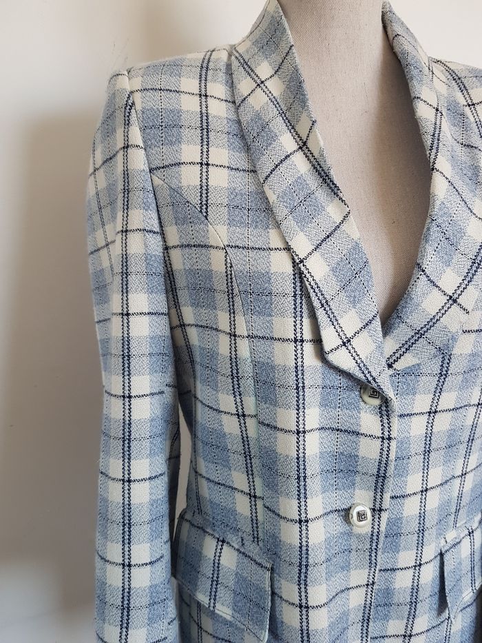 Blazer femme vintage carreaux bleu et blanc cassé, doublé, épaulettes, boutique privée, taille M/L. - photo numéro 2