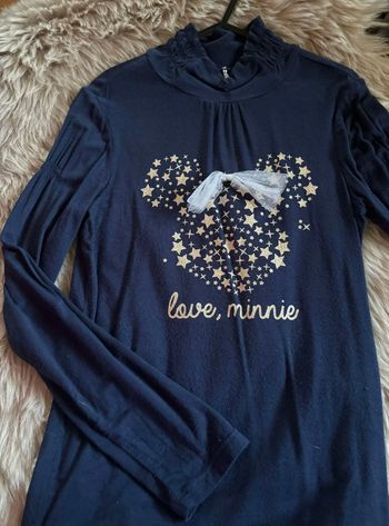 Sous pull manches longues bleu marine motif tête de Minnie en étoiles dorées et nœud en tulle 8 ans