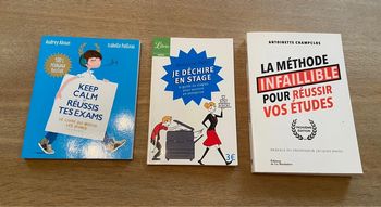 Lot de trois livres guides pour réussir ses études : stage, examens et études supérieures.