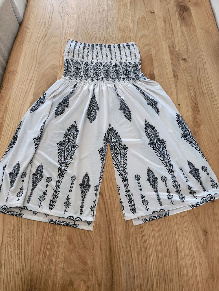 Blouse tunique top blanc motifs noirs M/L DoDo fluide et elastique
