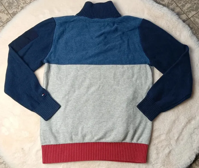 Pull Tommy Hilfiger homme col zippé bleu gris rouge style sport taille S - photo numéro 3