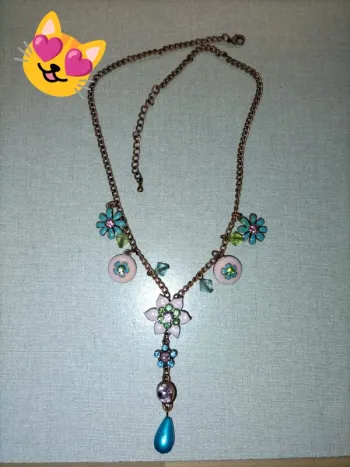 Collier fleur rose perle bleu