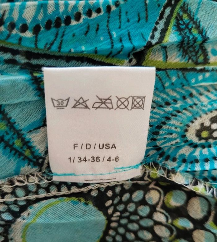 Blouse manches courtes à motifs bleu marine turquoise et vert anis Julie Guerlande Taille 1 ou 34 - photo numéro 7