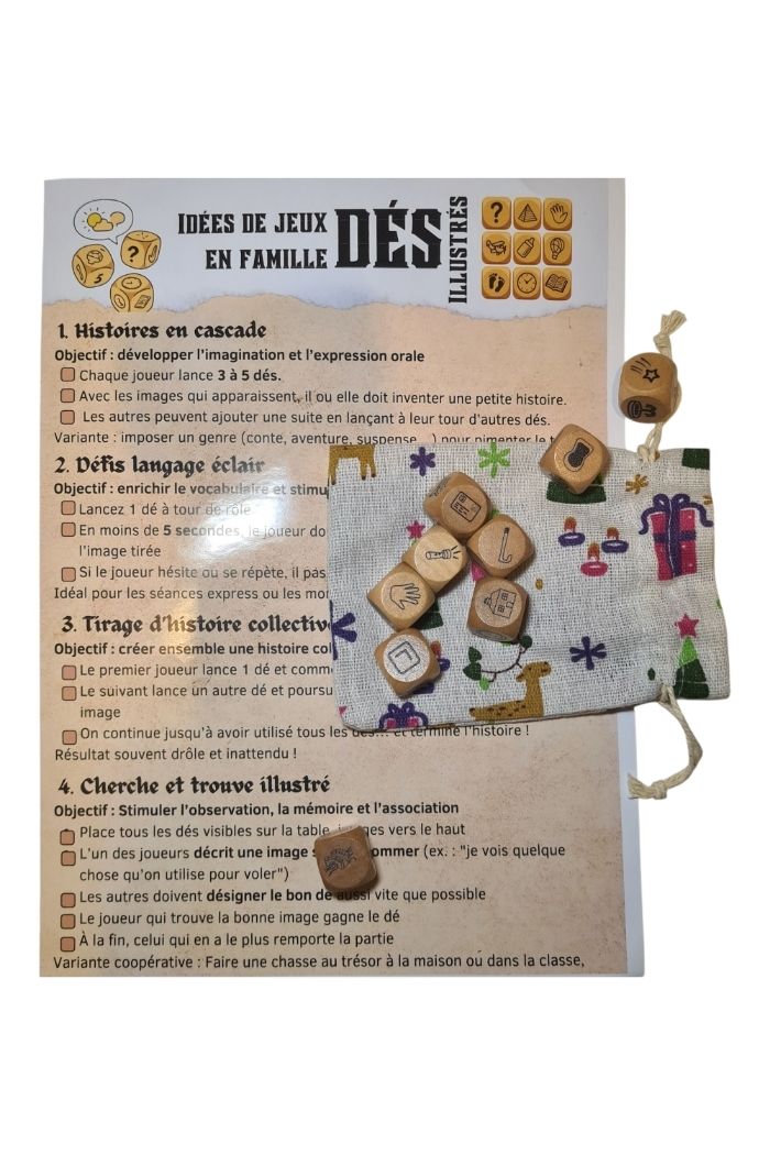 🎲 Set de 9 dés illustrés en bois + pochon + guide de jeu – L’imagination au bout des doigts ! - photo numéro 3