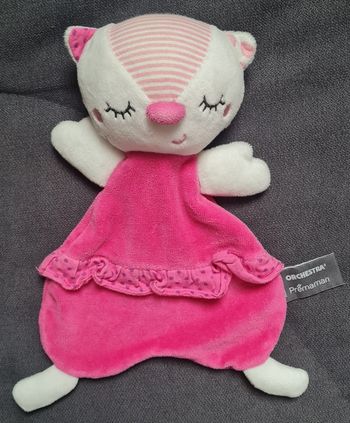 Doudou plat chat dormeur blanc et rose - Orchestra